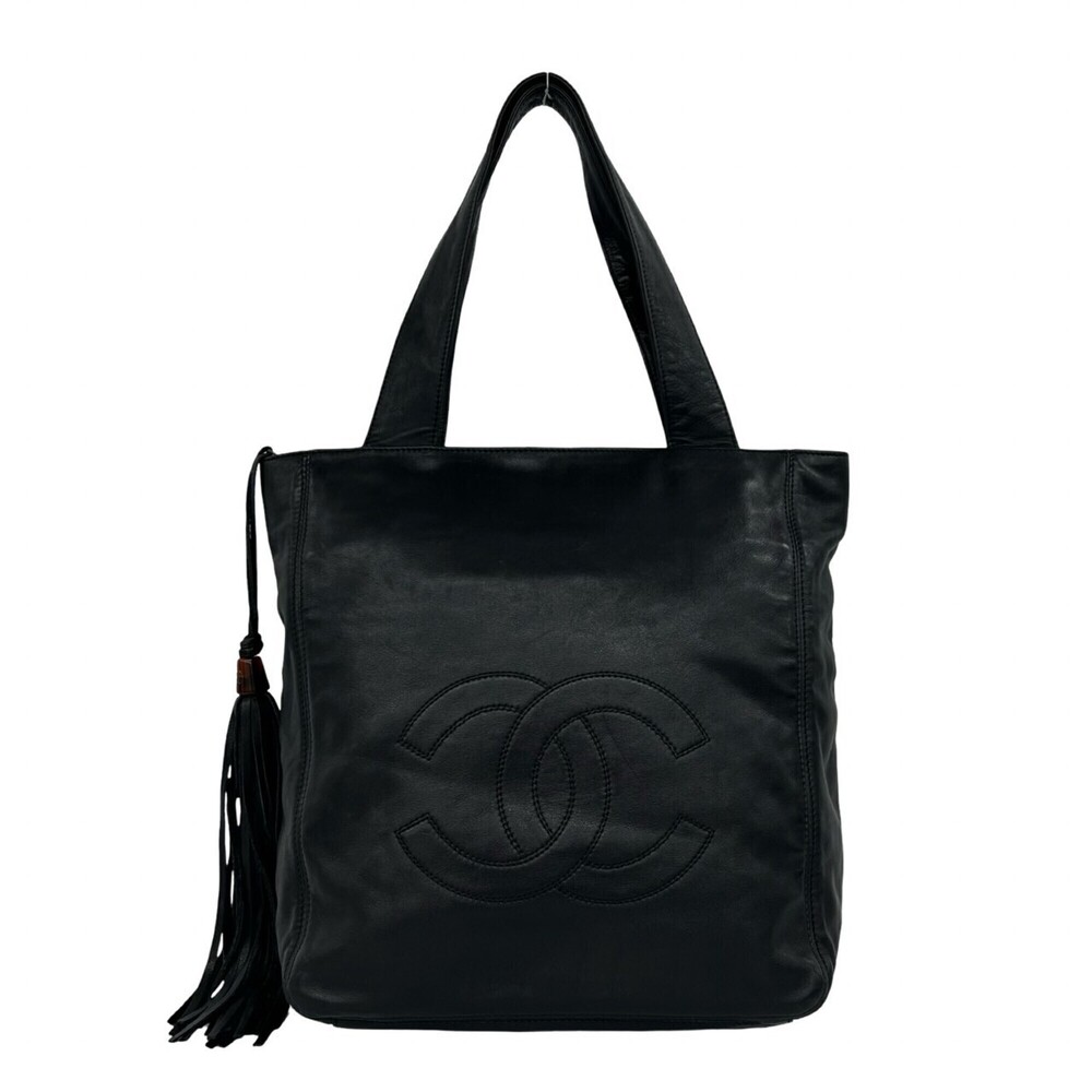 CHANEL Coco Lambskin Tassel Fringe Tote Bag Semi-Shoulder Black d51-2